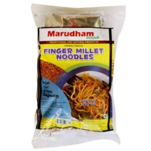A packet of Marudham brand Finger Millet Noodles, featuring vibrant packaging with yellow and blue accents, displaying the product name in both English and Tamil.