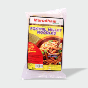 Packaging for Marudham Foxtail Millet Noodles, featuring a colourful label with images of noodles and text in English and other languages.